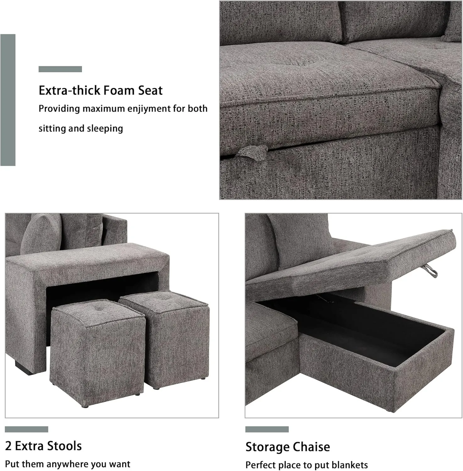104.5 inch Reversible Sectional Sofa with Storage Chaise,2 Shelves,2 Stools and 2 Tossing Cushions - 3 Seat Sleeper Contemporary Corner Sectional with Pull-Out Sleeper and Chaise