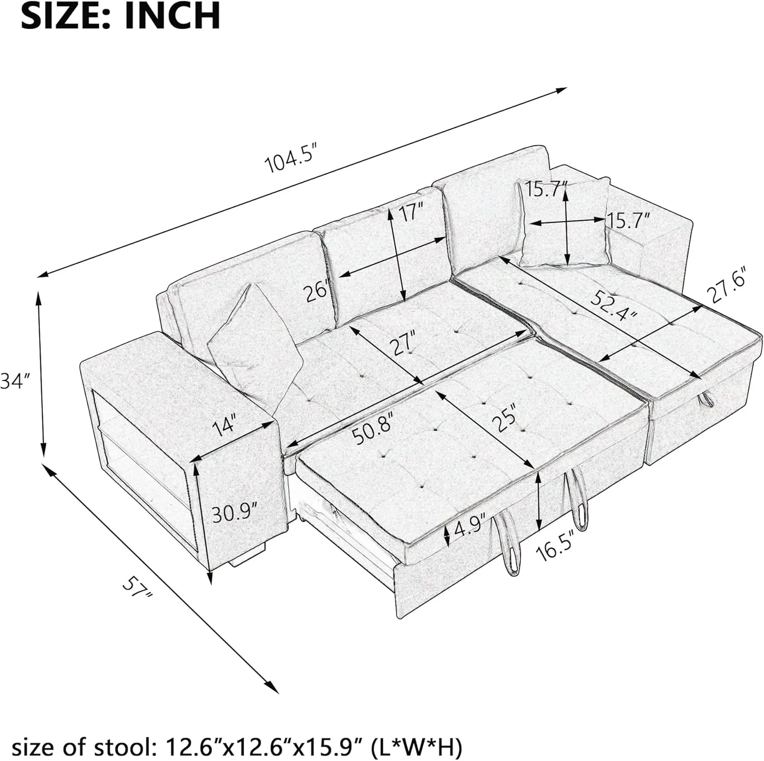 104.5 inch Reversible Sectional Sofa with Storage Chaise,2 Shelves,2 Stools and 2 Tossing Cushions - 3 Seat Sleeper Contemporary Corner Sectional with Pull-Out Sleeper and Chaise
