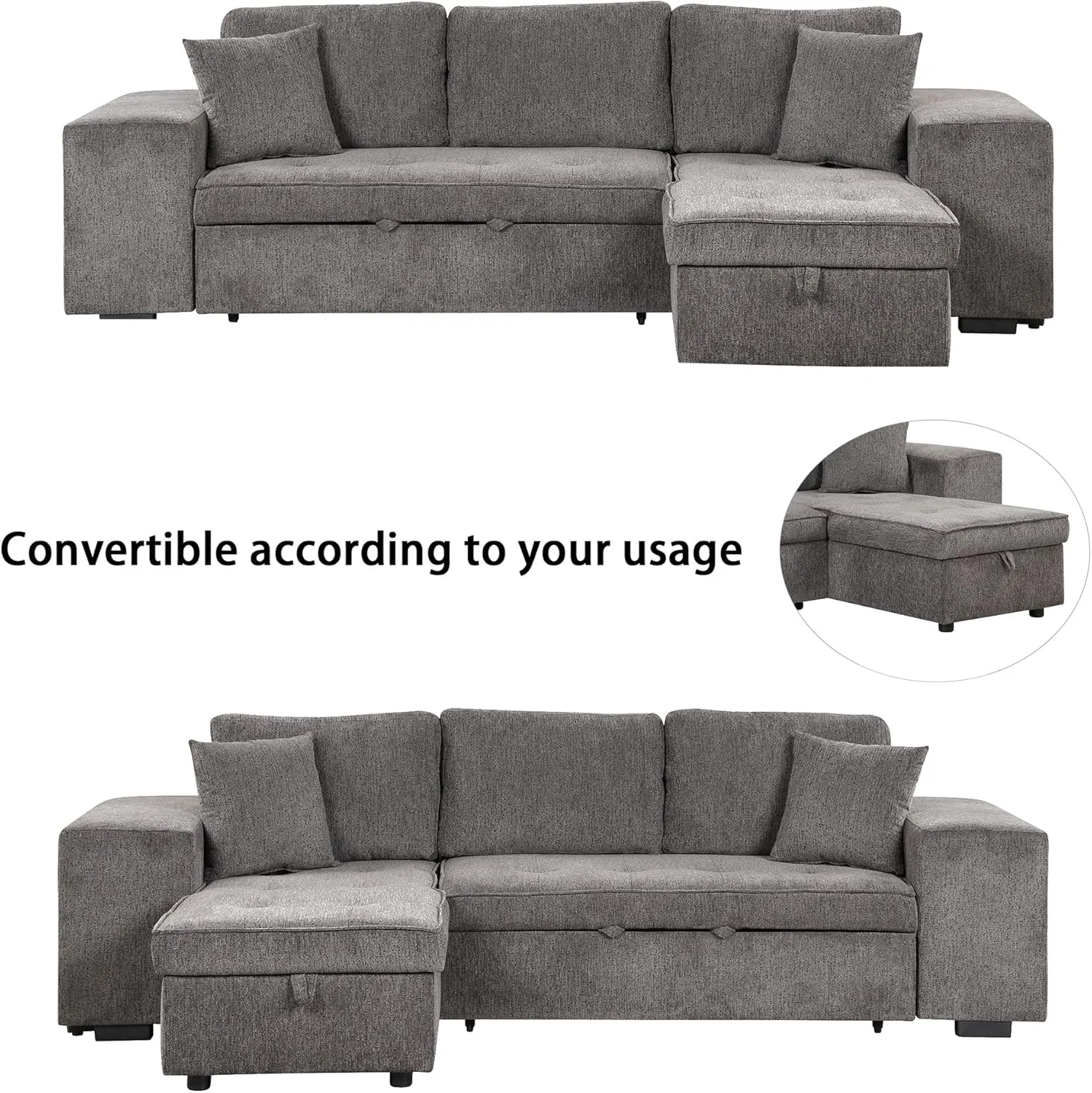 104.5 inch Reversible Sectional Sofa with Storage Chaise,2 Shelves,2 Stools and 2 Tossing Cushions - 3 Seat Sleeper Contemporary Corner Sectional with Pull-Out Sleeper and Chaise