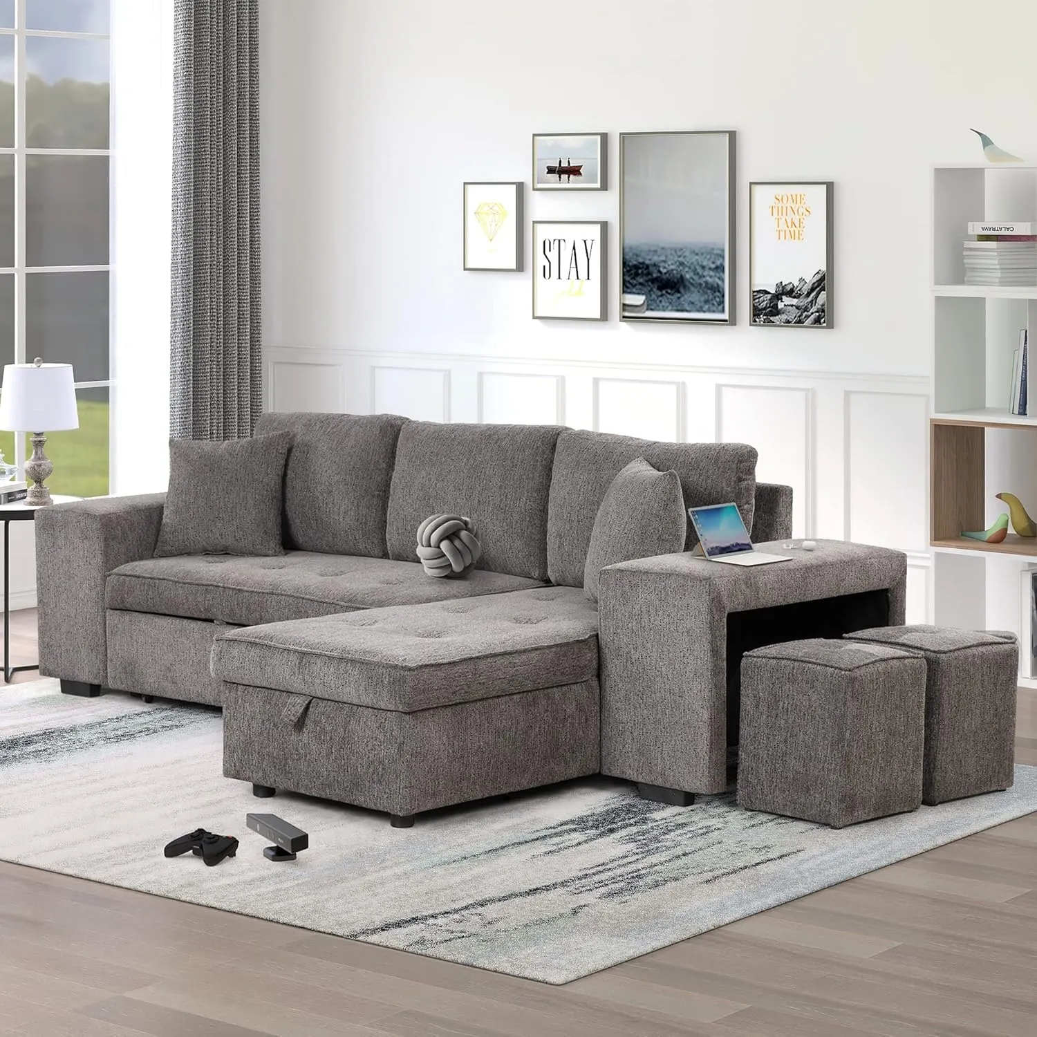 104.5 inch Reversible Sectional Sofa with Storage Chaise,2 Shelves,2 Stools and 2 Tossing Cushions - 3 Seat Sleeper Contemporary Corner Sectional with Pull-Out Sleeper and Chaise