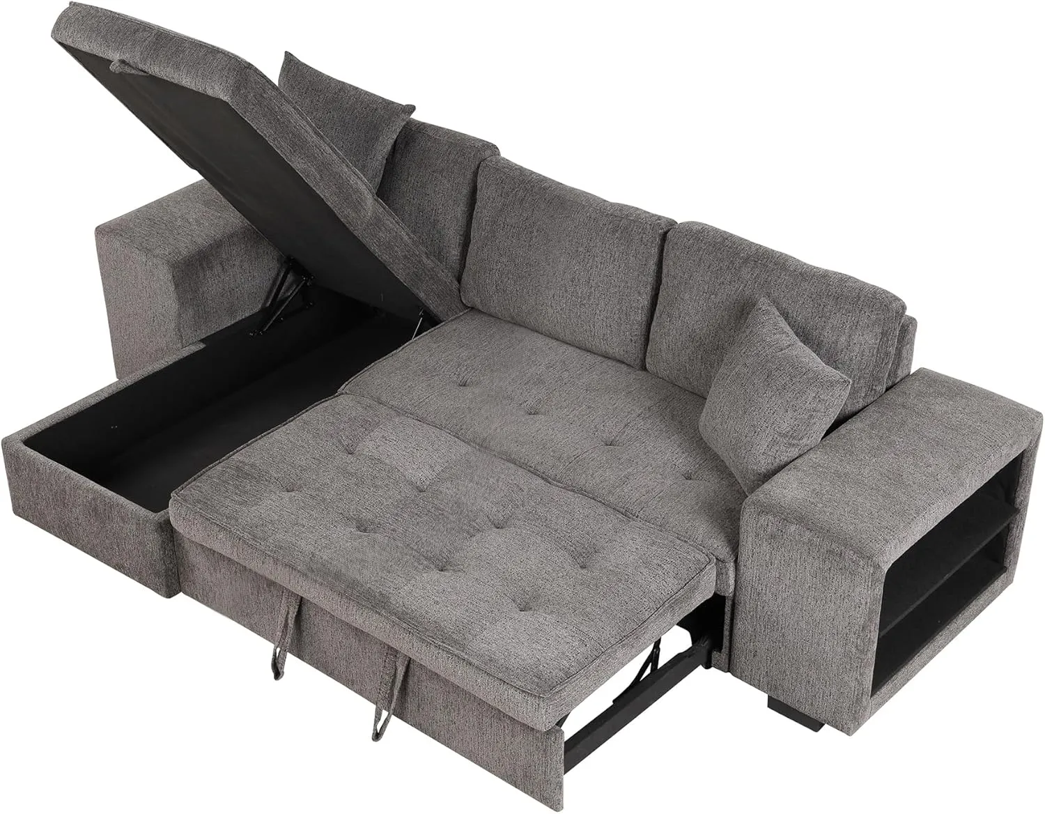 104.5 inch Reversible Sectional Sofa with Storage Chaise,2 Shelves,2 Stools and 2 Tossing Cushions - 3 Seat Sleeper Contemporary Corner Sectional with Pull-Out Sleeper and Chaise
