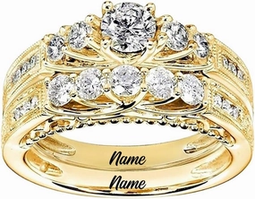 10K Gold 2.11 CT.tw. Moissanite Bridal Rings Sets for Her, 10K 14K 18K Real Yellow Gold 5-stone Moissanite Engagement Ring Set for Women, 1.0Ctw Wedding Eternity Band for Engagement