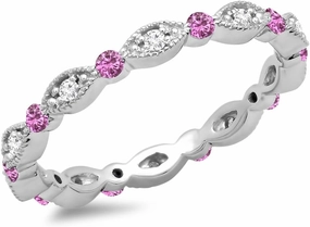 10K Solid Gold Round Pink Sapphire & White Diamond Womens Vintage Wedding Eternity Stackable Band