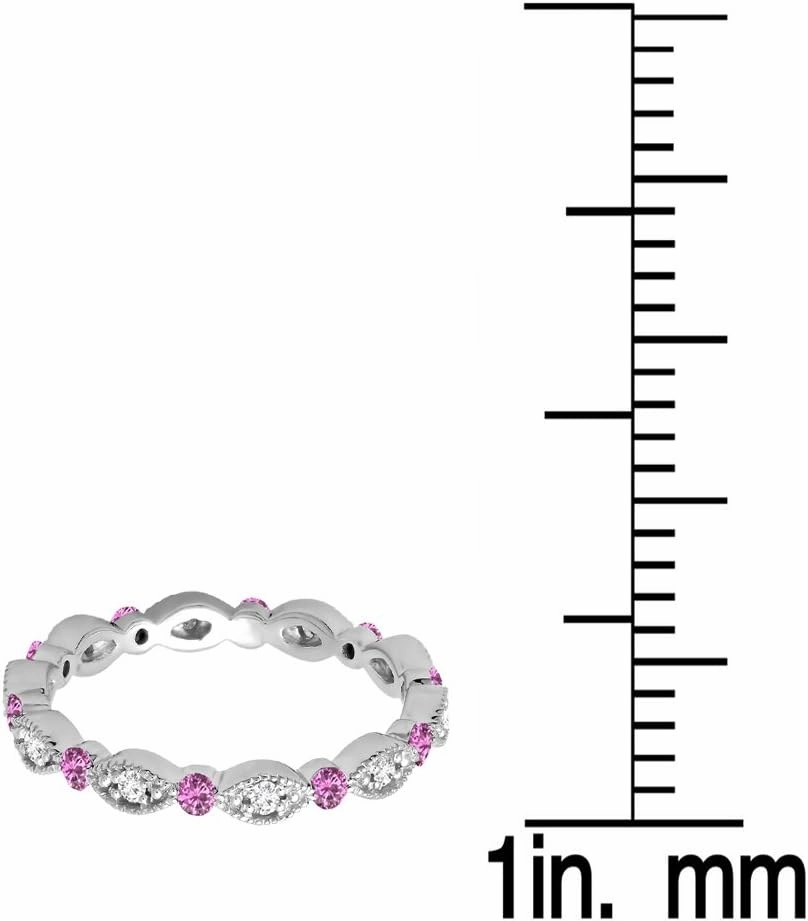 10K Solid Gold Round Pink Sapphire & White Diamond Womens Vintage Wedding Eternity Stackable Band