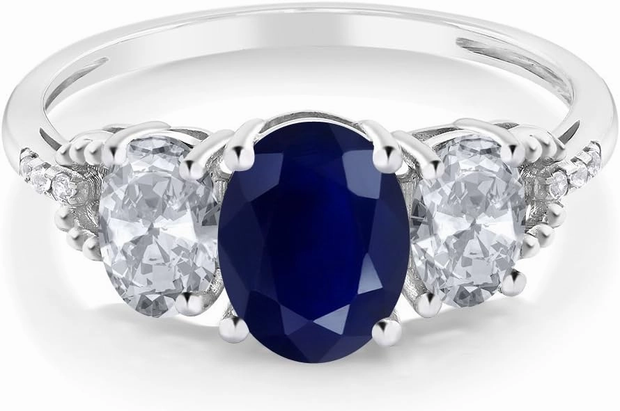 10K White Gold Oval Gemstone Birthstone & White Topaz 3-Stone Engagement Ring with Diamond Accents | 8X6MM Center, 6X4MM Sides, 1MM Accents | Three Stone Wedding Anniversary Promise Ring For Women