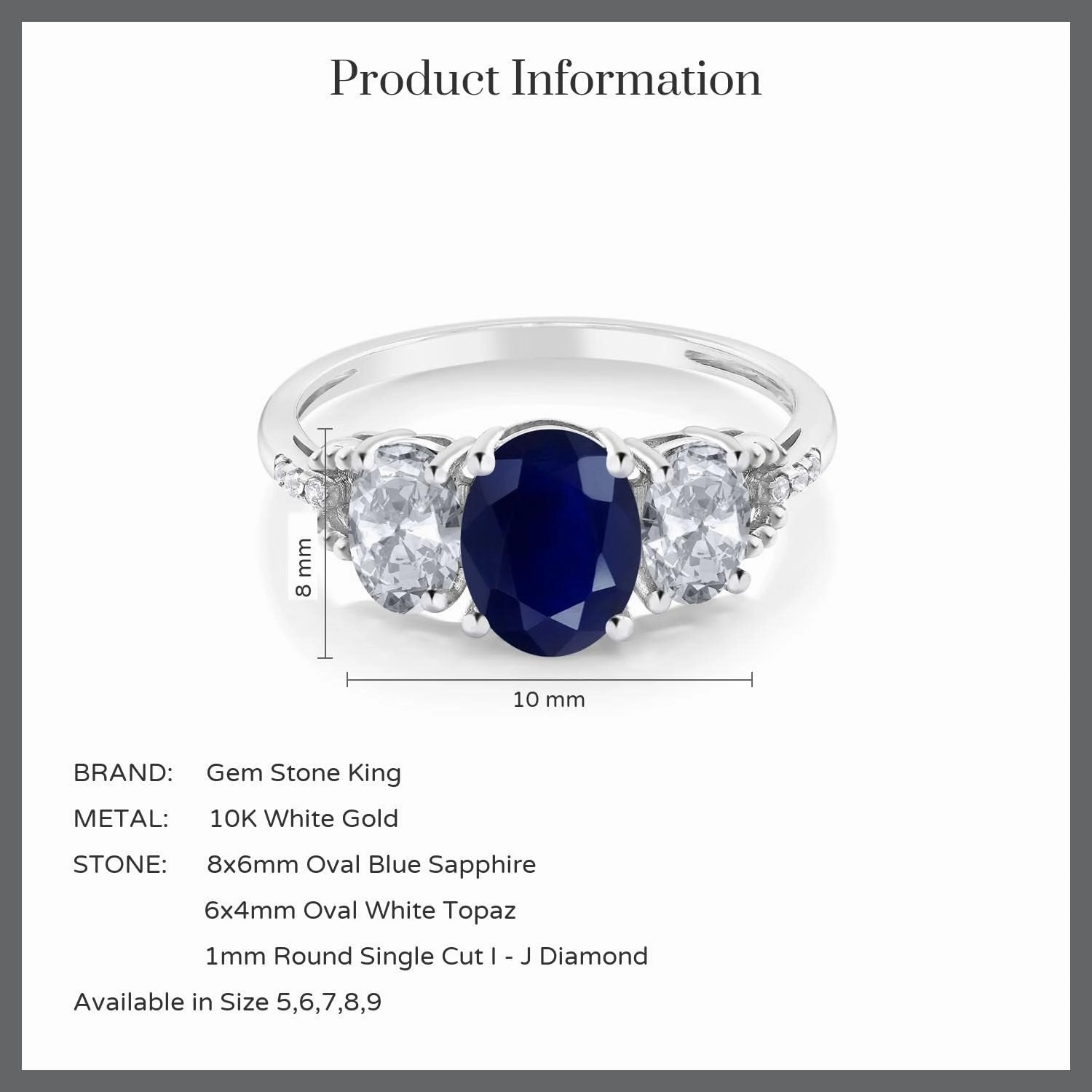 10K White Gold Oval Gemstone Birthstone & White Topaz 3-Stone Engagement Ring with Diamond Accents | 8X6MM Center, 6X4MM Sides, 1MM Accents | Three Stone Wedding Anniversary Promise Ring For Women