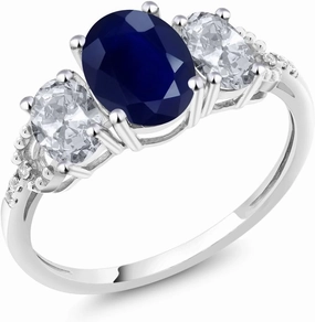 10K White Gold Oval Gemstone Birthstone & White Topaz 3-Stone Engagement Ring with Diamond Accents | 8X6MM Center, 6X4MM Sides, 1MM Accents | Three Stone Wedding Anniversary Promise Ring For Women