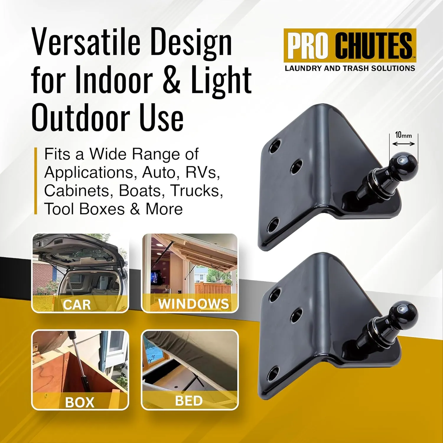 10MM Ball Stud Mounting Black Bracket for Gas Struts - Heavy Duty Lift Support Shock Brackets with Stainless Steel Screws - Ideal for Spring Hood Struts & Closer Piston Prop Mounts – x4 Angled