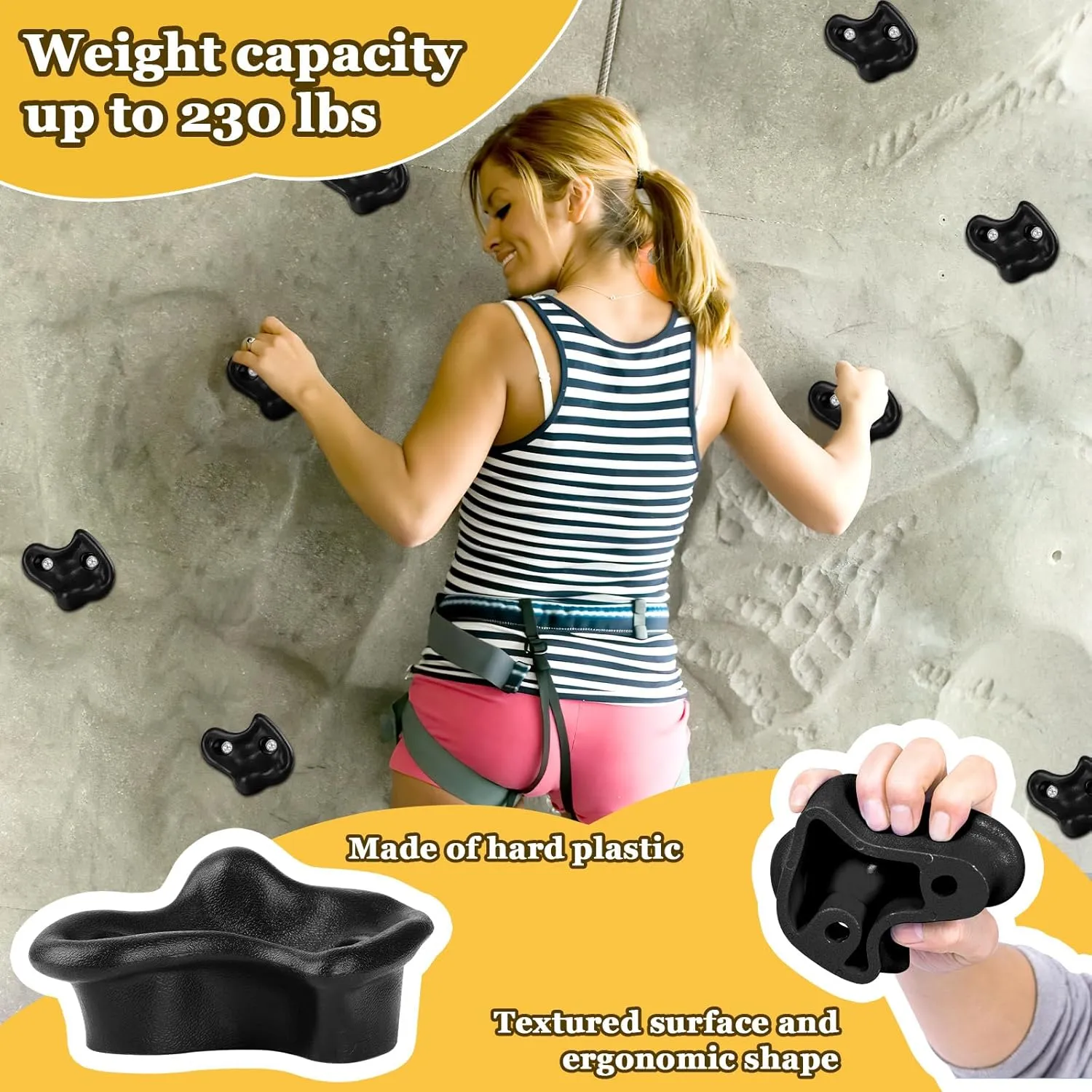 10PCS Black Rock Climbing Holds, Rock Climbing Wall for Kids, Extra Large Size Climbing Rock Wall Grips with Mounting Hardware and Wrench for Indoor Outdoor Playground, Installed on Wooden Board