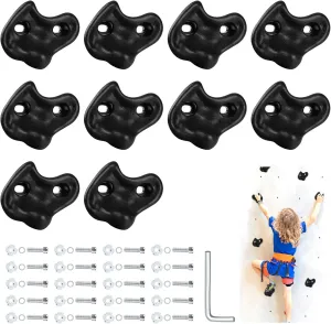 10PCS Black Rock Climbing Holds, Rock Climbing Wall for Kids, Extra Large Size Climbing Rock Wall Grips with Mounting Hardware and Wrench for Indoor Outdoor Playground, Installed on Wooden Board