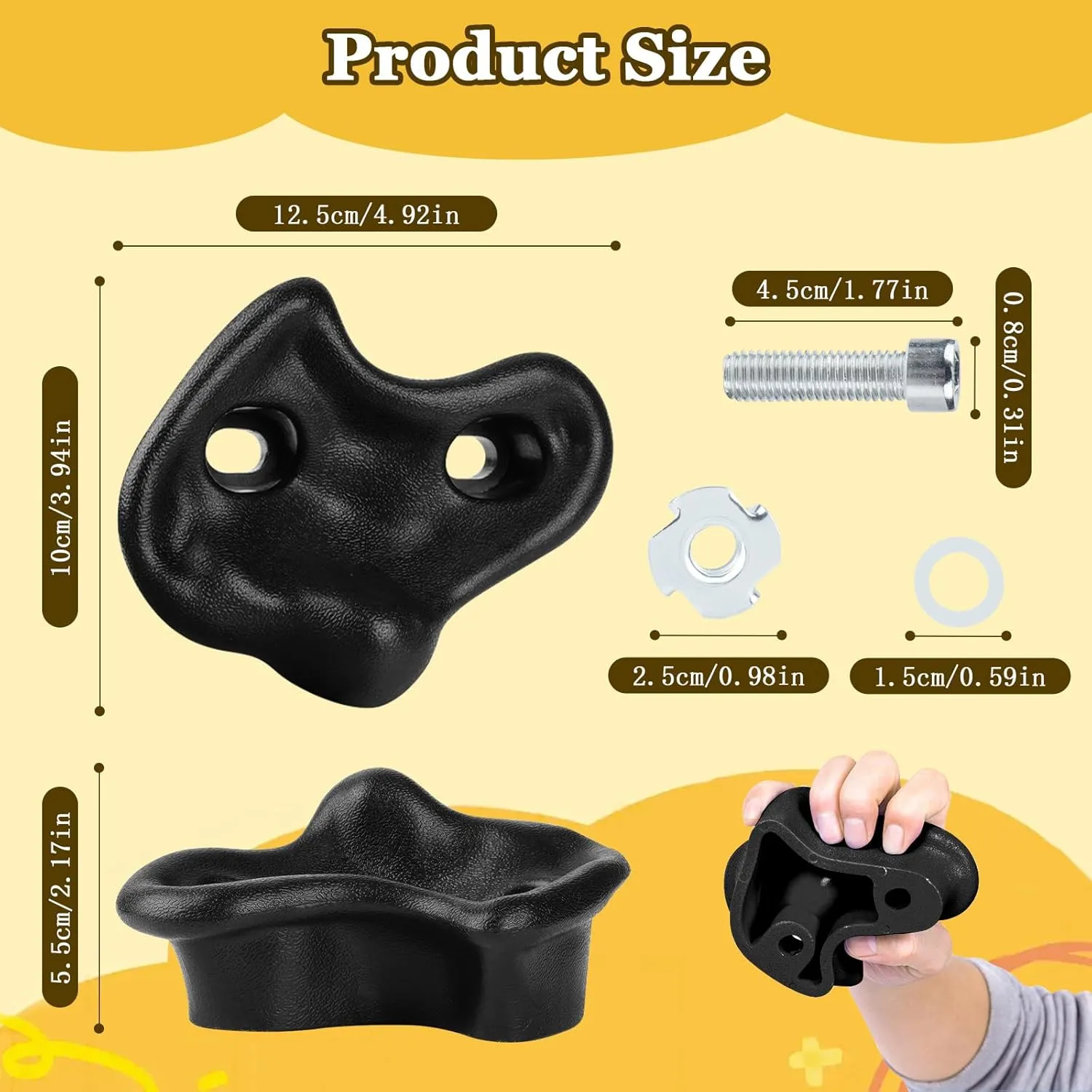10PCS Black Rock Climbing Holds, Rock Climbing Wall for Kids, Extra Large Size Climbing Rock Wall Grips with Mounting Hardware and Wrench for Indoor Outdoor Playground, Installed on Wooden Board