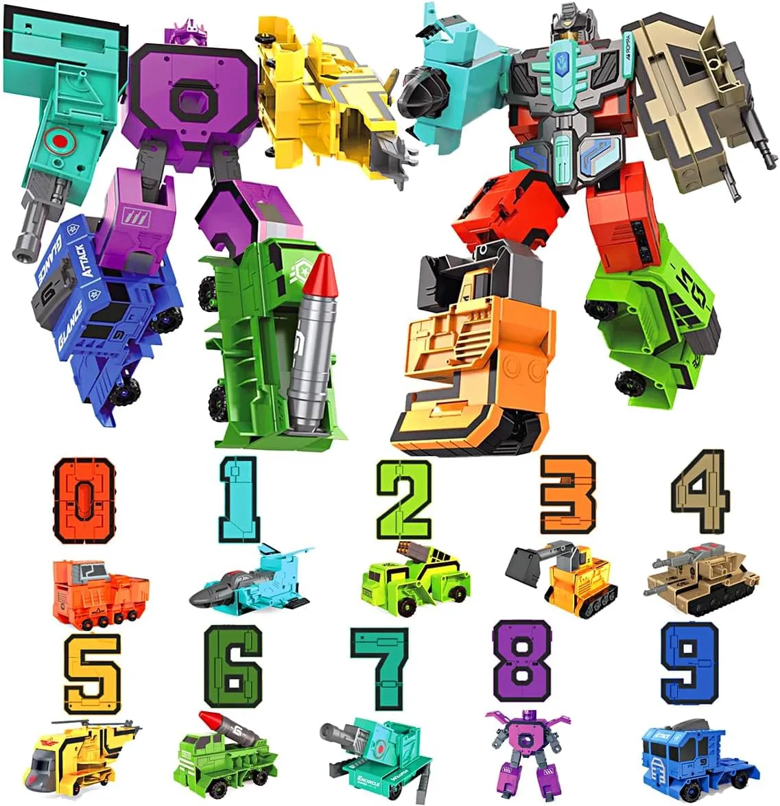 10Pcs Number Robots Transform Toys for Kids,Number Robot Blocks Toys,Number Bots Math Toys for Toddlers Preschool Learning,DIY Preschool Activities Toy Cars for 3  Boys/Girls