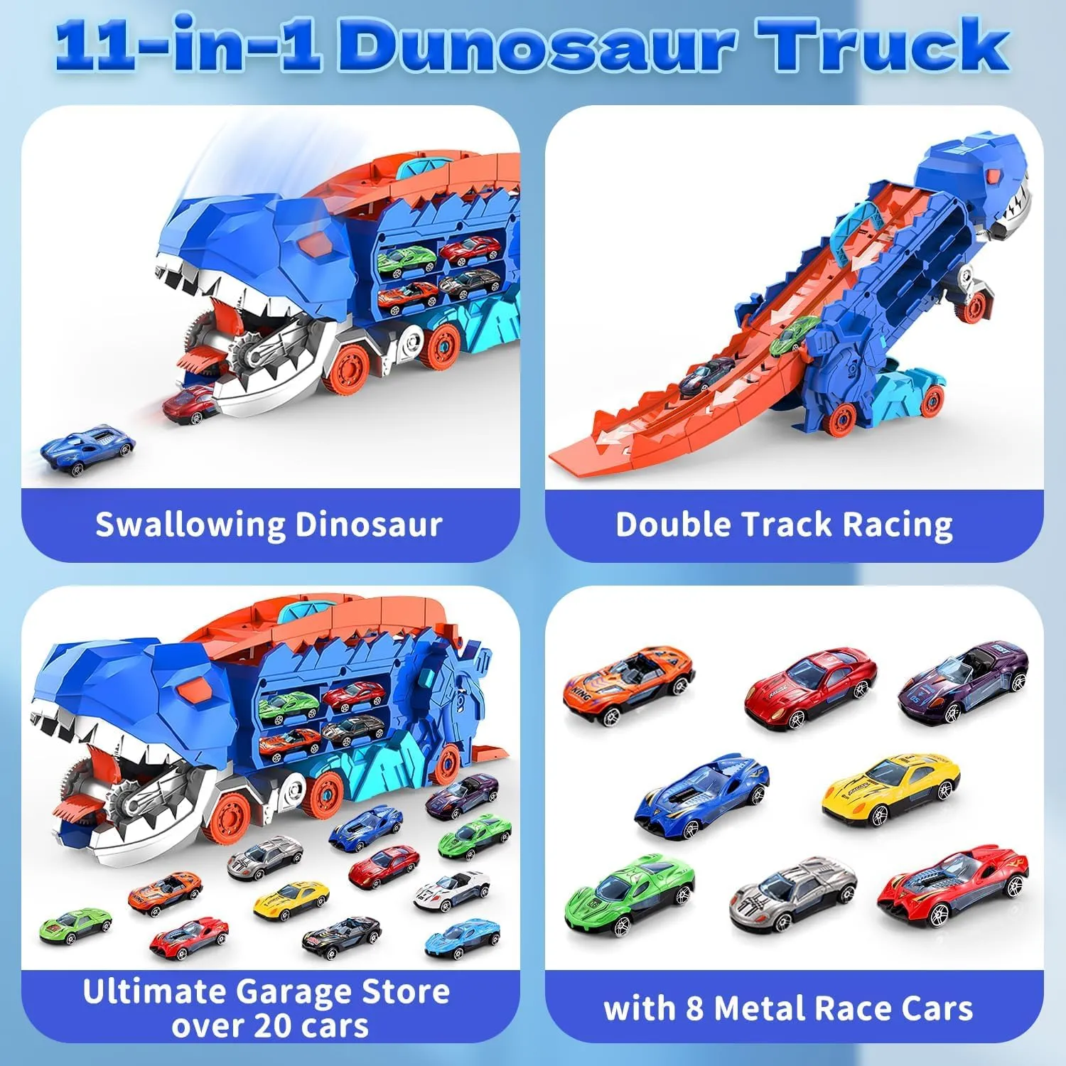 11 in 1 Dinosaur Toys for Kids Toddler, Dinosaur Transport Truck with 8 Race Cars Transforms into Stomping Dinosaur with Race Track Ultimate City Dinosaur Hauler Track Toy for 3-5 4-8 Blue