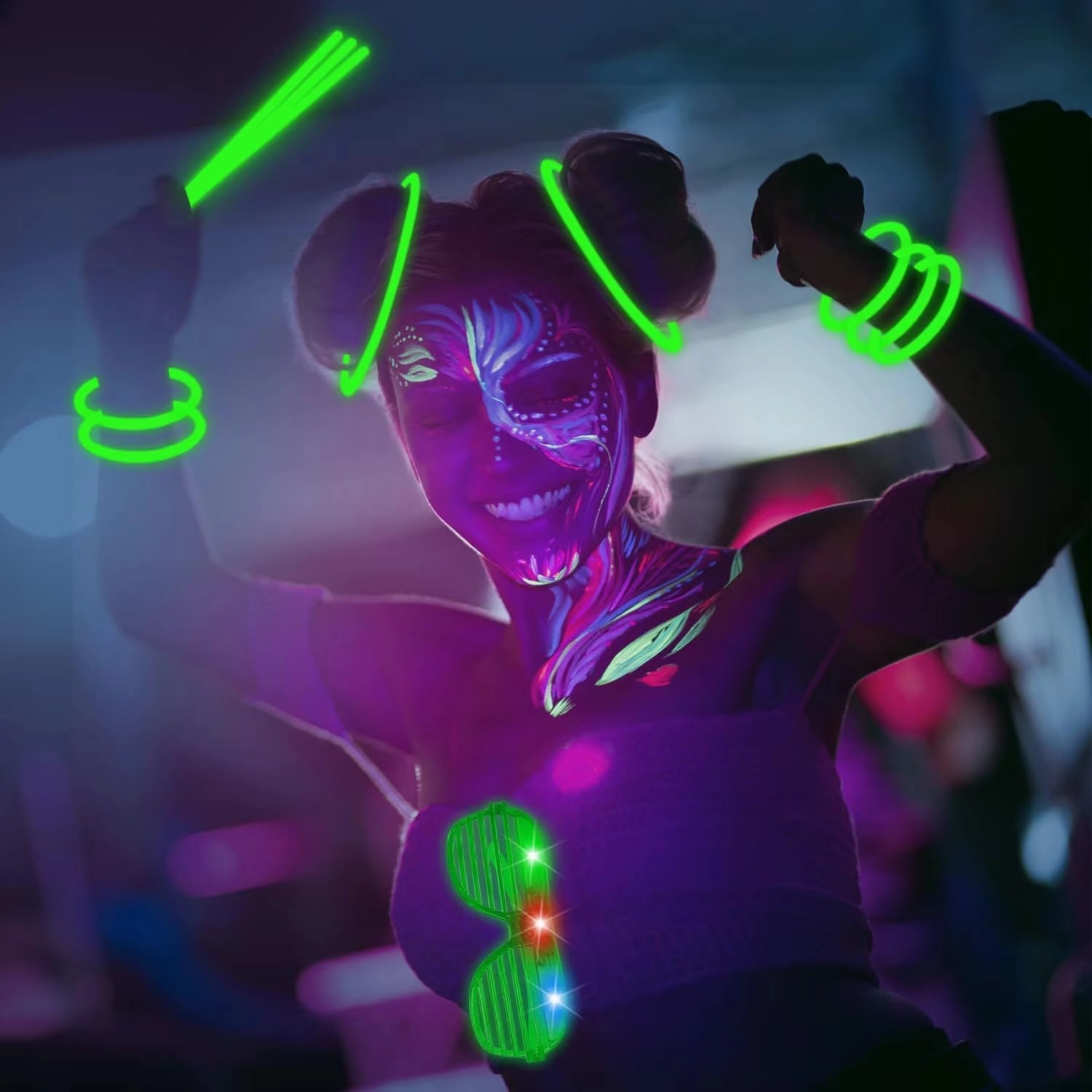 115 PCS Glow in the Dark Party Supplies,100PCS Green Glow Stick Necklaces Bracelets Bulk,15PCS July 4th LED Glasses,LED Light Up Toy for Mother's Day July 4th Christmas Wedding Birthday