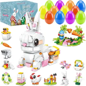 12 PCS Prefilled Easter Eggs with Bunny Building Toys, Easter Basket Stuffers Gifts for 3-8 Year Old Kids Toddlers, 12 in 1 Rabbit Building Blocks Sets, Party Favors Classroom Prize Supplies