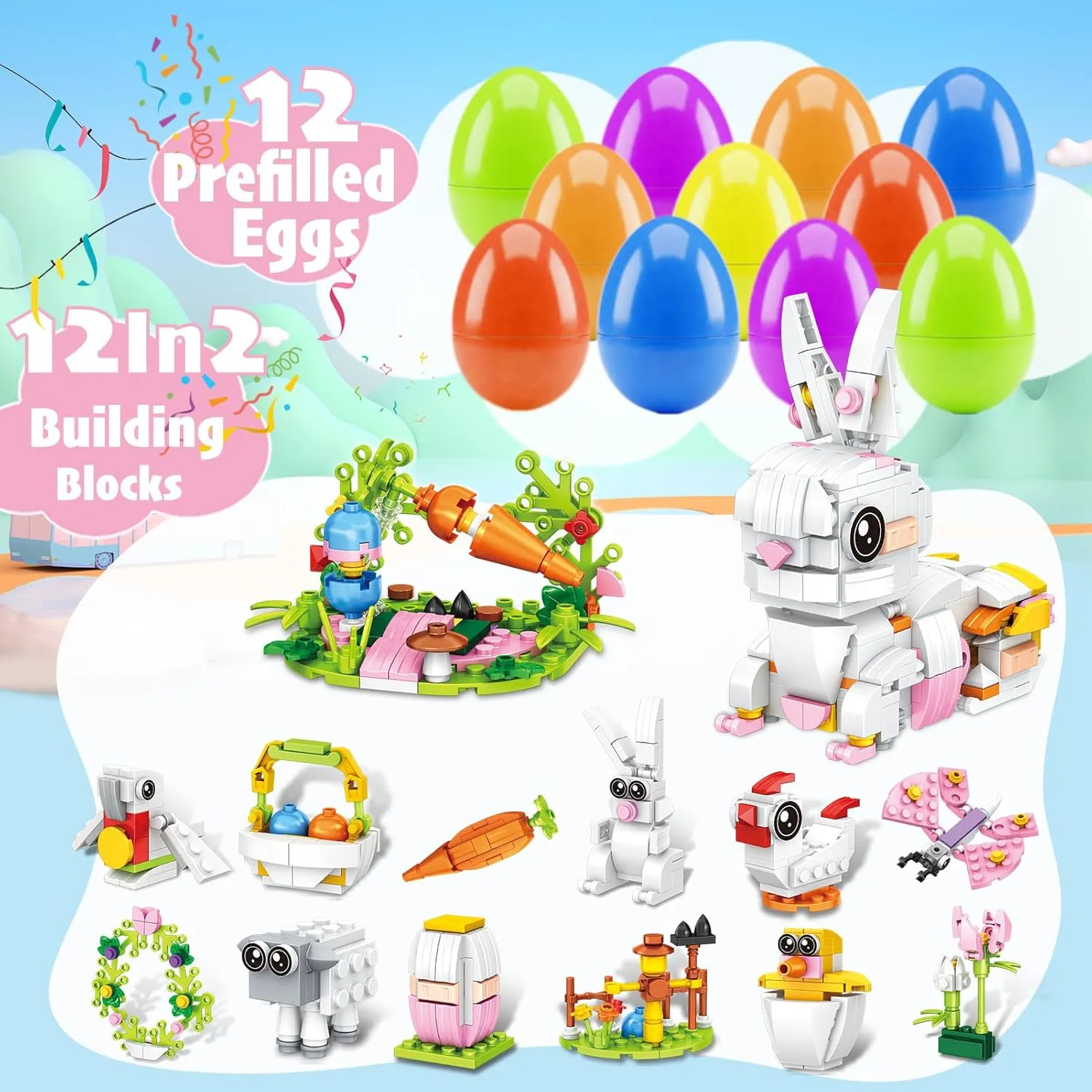 12 PCS Prefilled Easter Eggs with Bunny Building Toys, Easter Basket Stuffers Gifts for 3-8 Year Old Kids Toddlers, 12 in 1 Rabbit Building Blocks Sets, Party Favors Classroom Prize Supplies