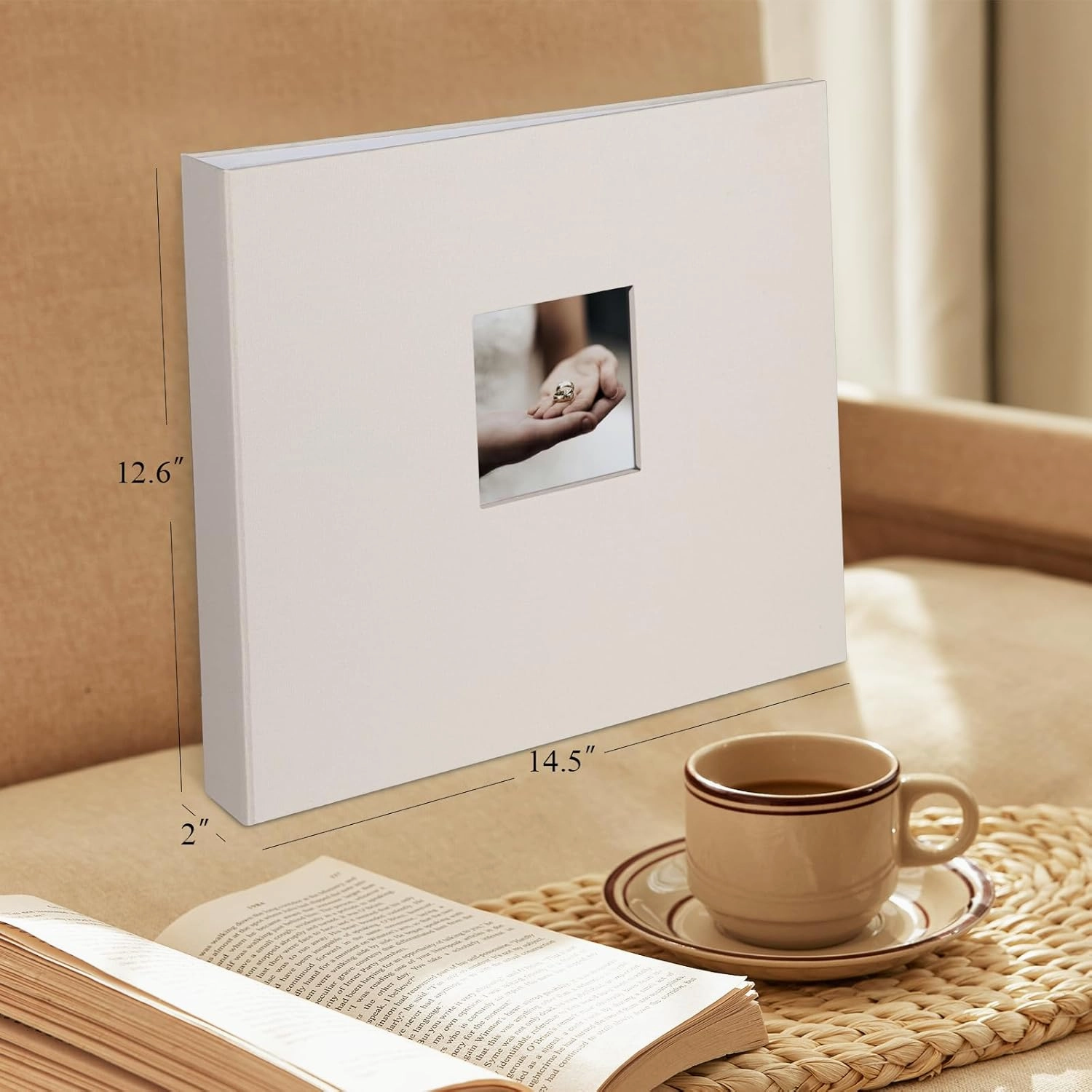 12x12 Inch Large 3 Ring DIY Scrapbook Photo Album Journal with 30 Plastic Sleeves 60 Pages and Fabric Cover for Baby Travel Wedding Couple Anniversary kids Adventure (Beige Cover/White Pages)