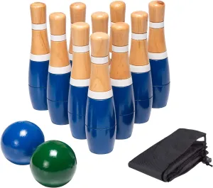 13-Piece Wood Bowling Set - Indoor/Outdoor Bowling Game for Adults and Kids Ages 3 and Up - 10 Wood Pins, 2 Balls, and Carrying Bag by Hey Play (Blue)