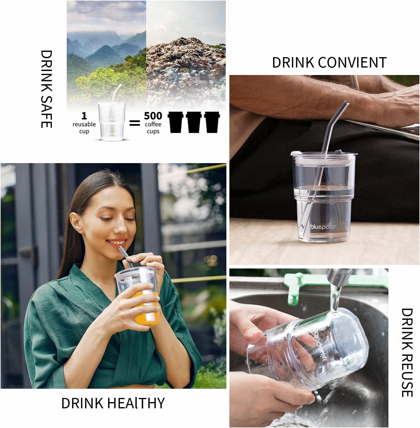 13oz/400ml Glass Water Tumbler with Straw and Lid Sealed Carry On Thick Wall Iced Coffee Cup Glass Cup for Water, Iced Tea Fruit Juice Etc(Aurora White