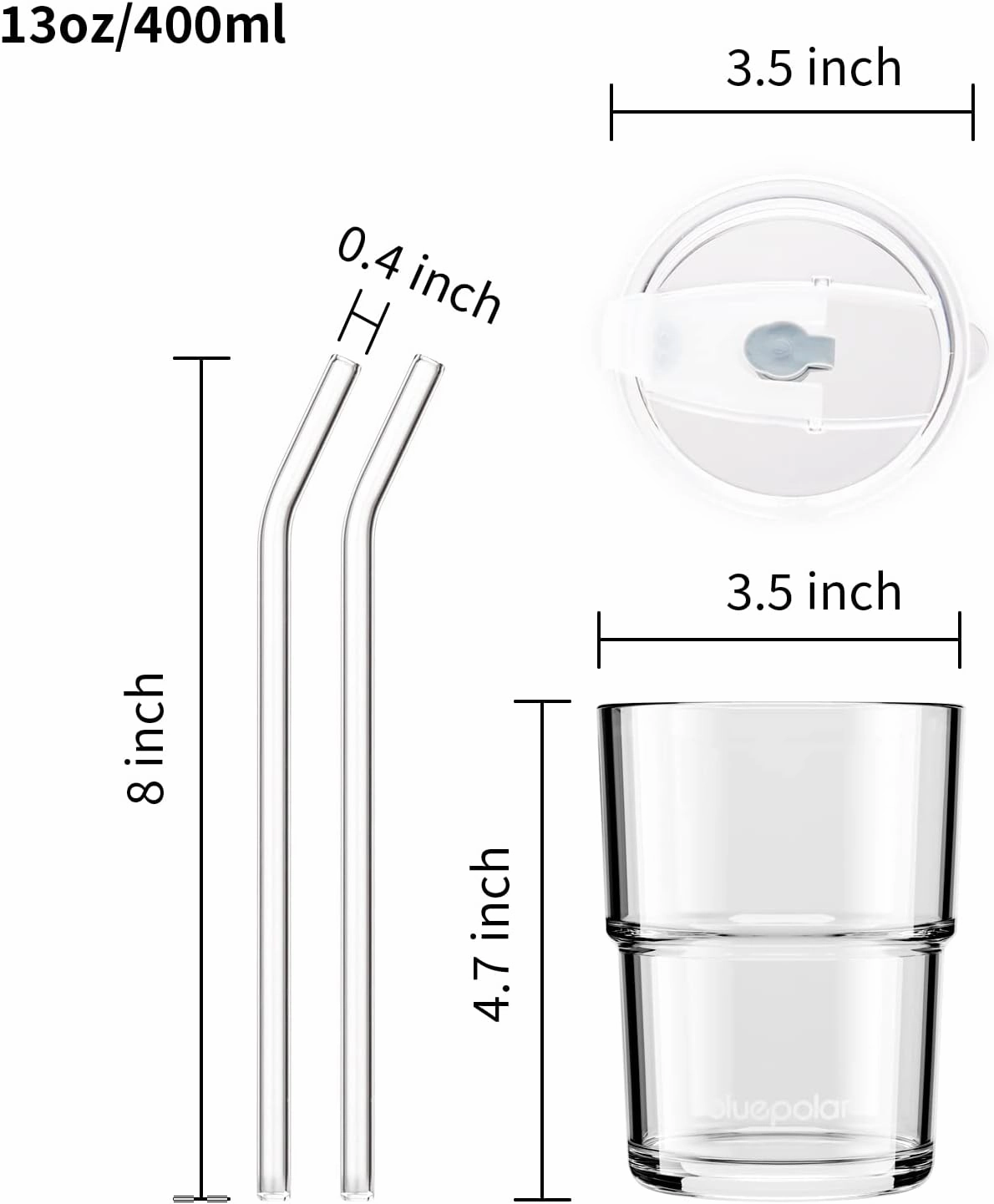 13oz/400ml Glass Water Tumbler with Straw and Lid Sealed Carry On Thick Wall Iced Coffee Cup Glass Cup for Water, Iced Tea Fruit Juice Etc(Aurora White