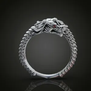 14K Gold Plated Chinese Dragon Double Head Torque Cuff Torc Band Ring For Men Solid 925 Sterling Silver Oxidized Punk Gothic Goth Dragon Band Ring Handcrafted Antique Jewelry Gift For Him
