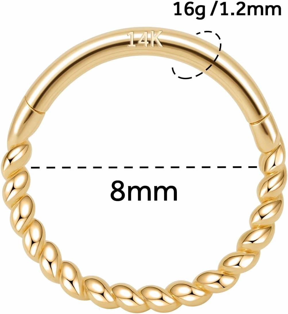 14k Gold 16G Septum Nose Rings for Women Men, 8mm/10mm Helix Daith Tragus Cartilage Hoop Earrings Piercing Jewelry