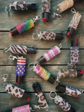 17 Pack Pepper Spray for Women – Rhinestone Jeweled Designer Fashionable Key Holder - 8' Accurate Spray Range - Self-Defense Accessory Designed for Women. Aqua, Silver, & Pink.