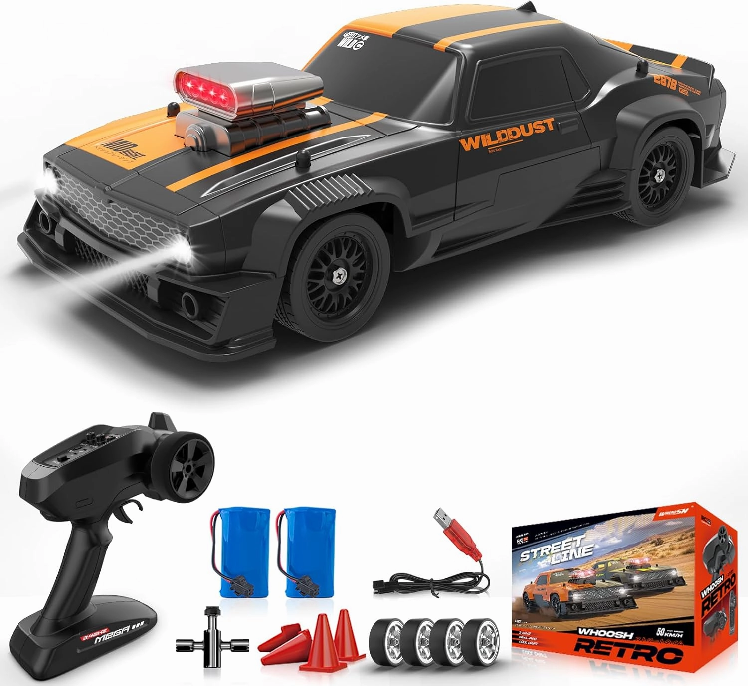 1:16 RC Drift Car 4WD 2.4GHz Remote Control Cars with Gyro 50km/H High Speed Drifting Car with LED Lights, Drift Tires ESP Full Proportion RC Race Cars Toy for Adults Boys Girls Kids, Orange