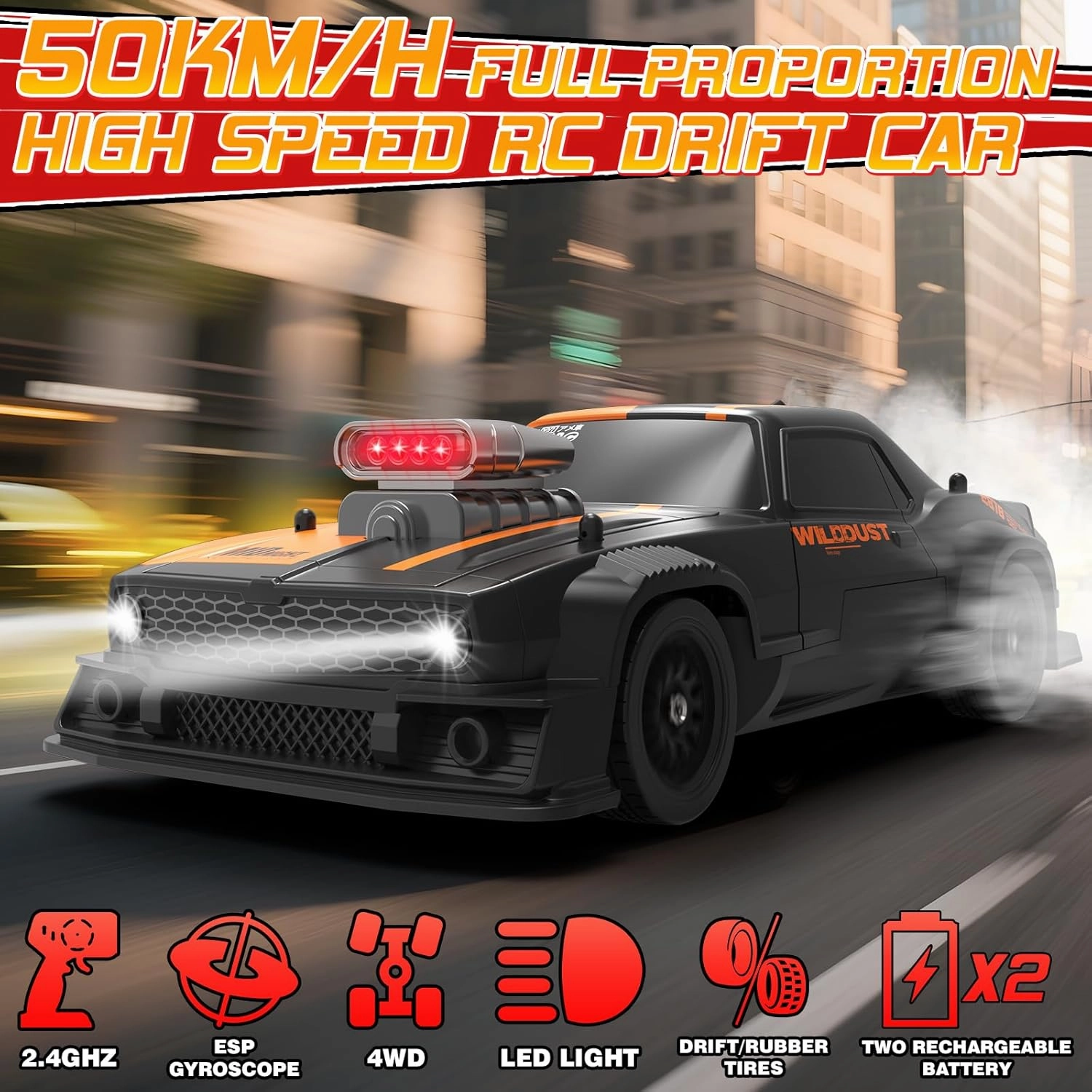 1:16 RC Drift Car 4WD 2.4GHz Remote Control Cars with Gyro 50km/H High Speed Drifting Car with LED Lights, Drift Tires ESP Full Proportion RC Race Cars Toy for Adults Boys Girls Kids, Orange