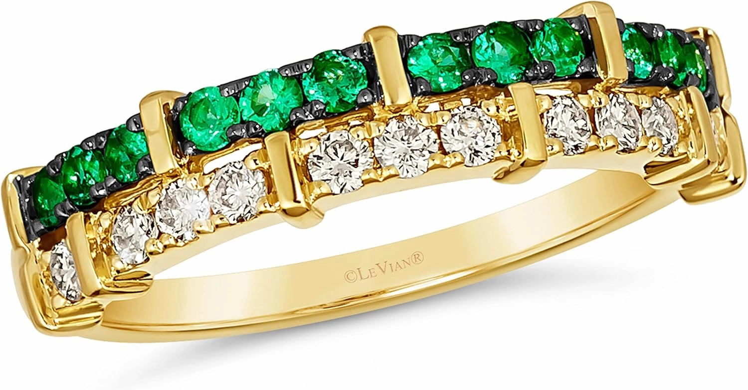 1/4 Carat Diamond and 1/5 Carat Green Emerald Band Ring for Women in 14k Yellow Gold (White, cttw) Anniversary Promise Wedding Band Ring Size 4 to 10 by LeVian