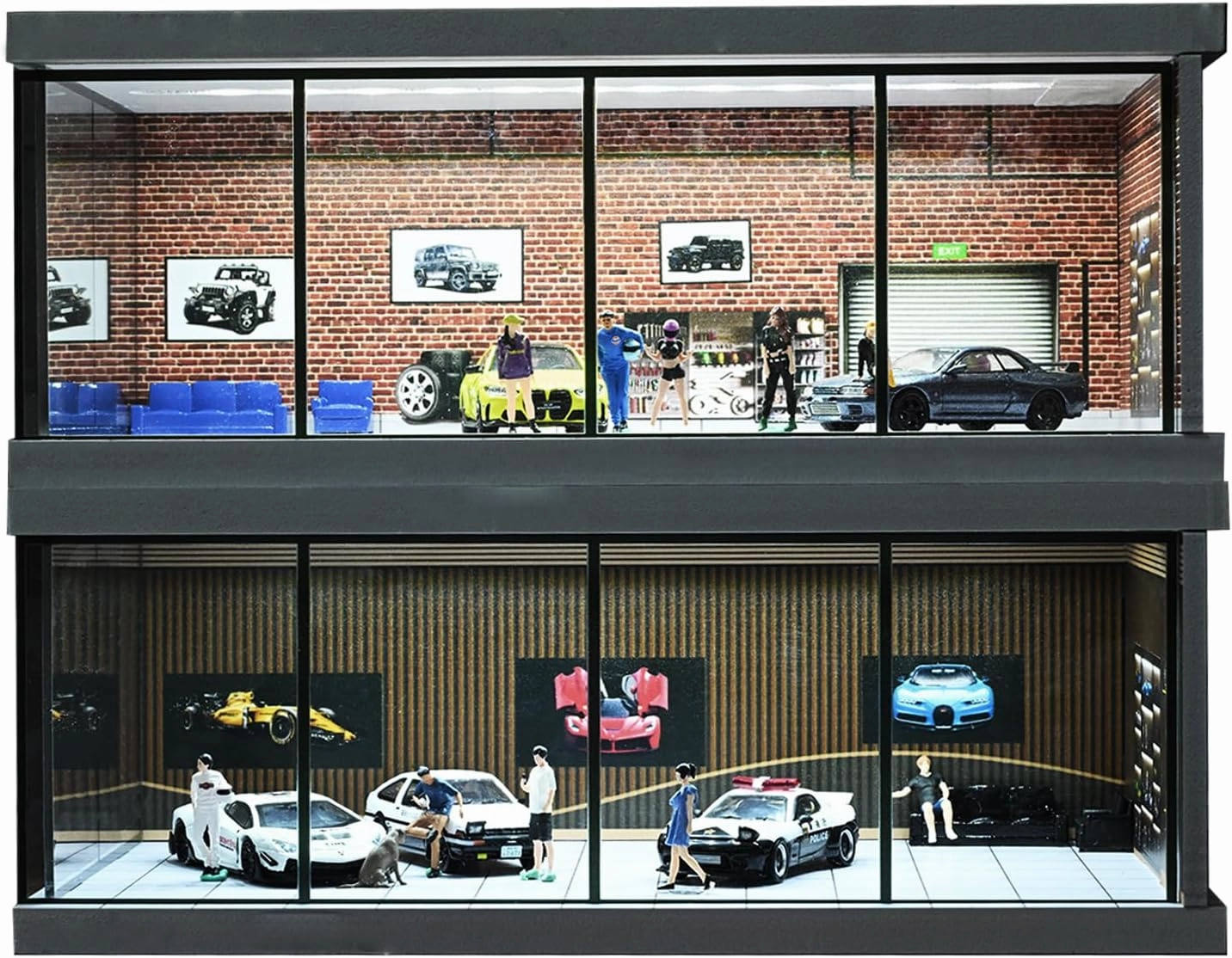 1/64 Diorama Car Garage, LED Lighting City Showroom, 1/64 Scale Diecast Car Parking Lot Storage, Scene Display Model Collection Gift (Red Brick)
