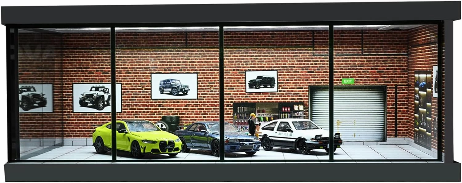1/64 Diorama Car Garage, LED Lighting City Showroom, 1/64 Scale Diecast Car Parking Lot Storage, Scene Display Model Collection Gift (Red Brick)