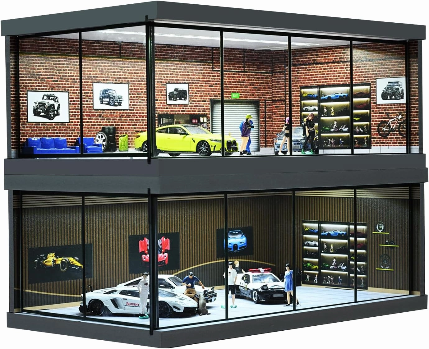 1/64 Diorama Car Garage, LED Lighting City Showroom, 1/64 Scale Diecast Car Parking Lot Storage, Scene Display Model Collection Gift (Red Brick)