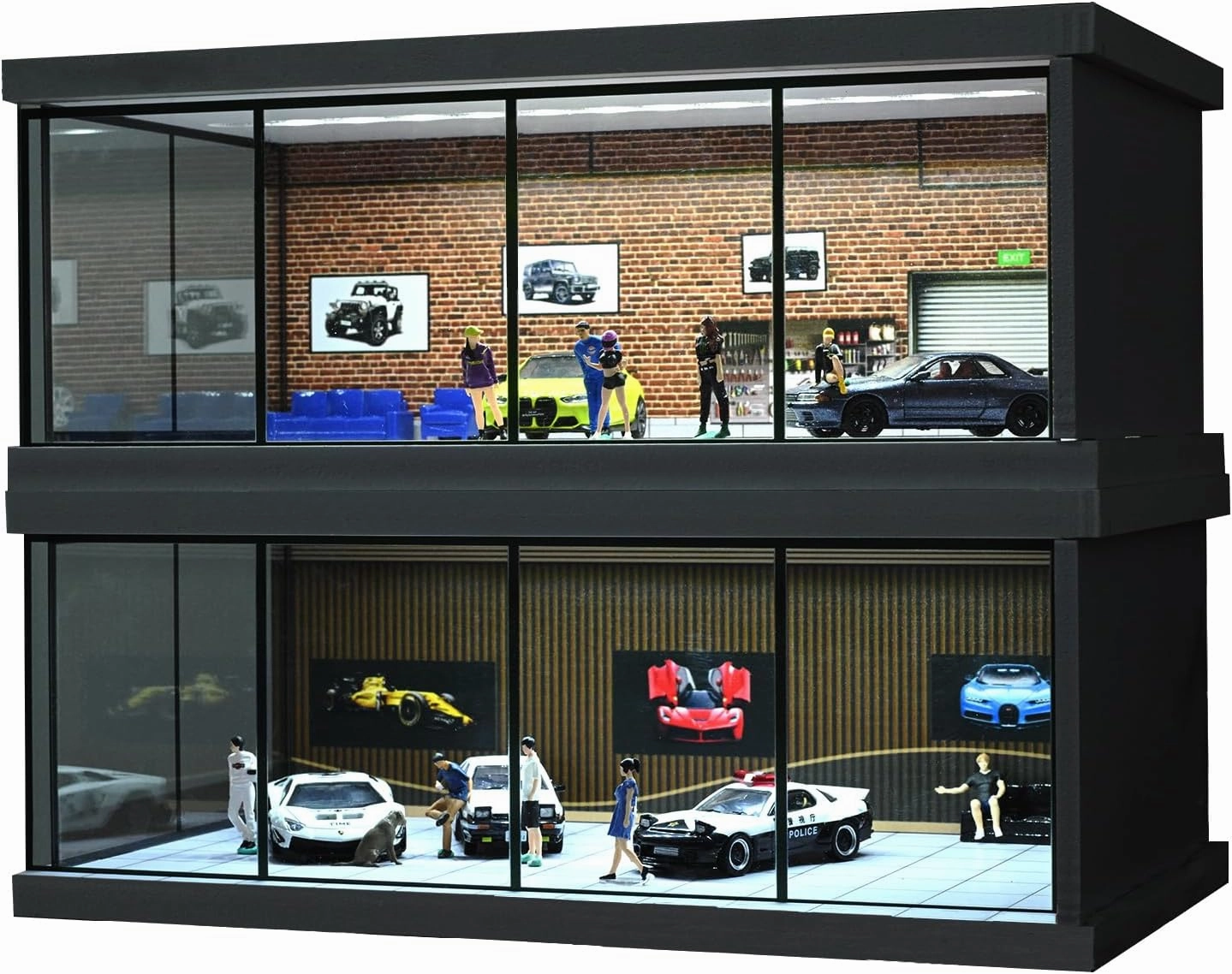 1/64 Diorama Car Garage, LED Lighting City Showroom, 1/64 Scale Diecast Car Parking Lot Storage, Scene Display Model Collection Gift (Red Brick)