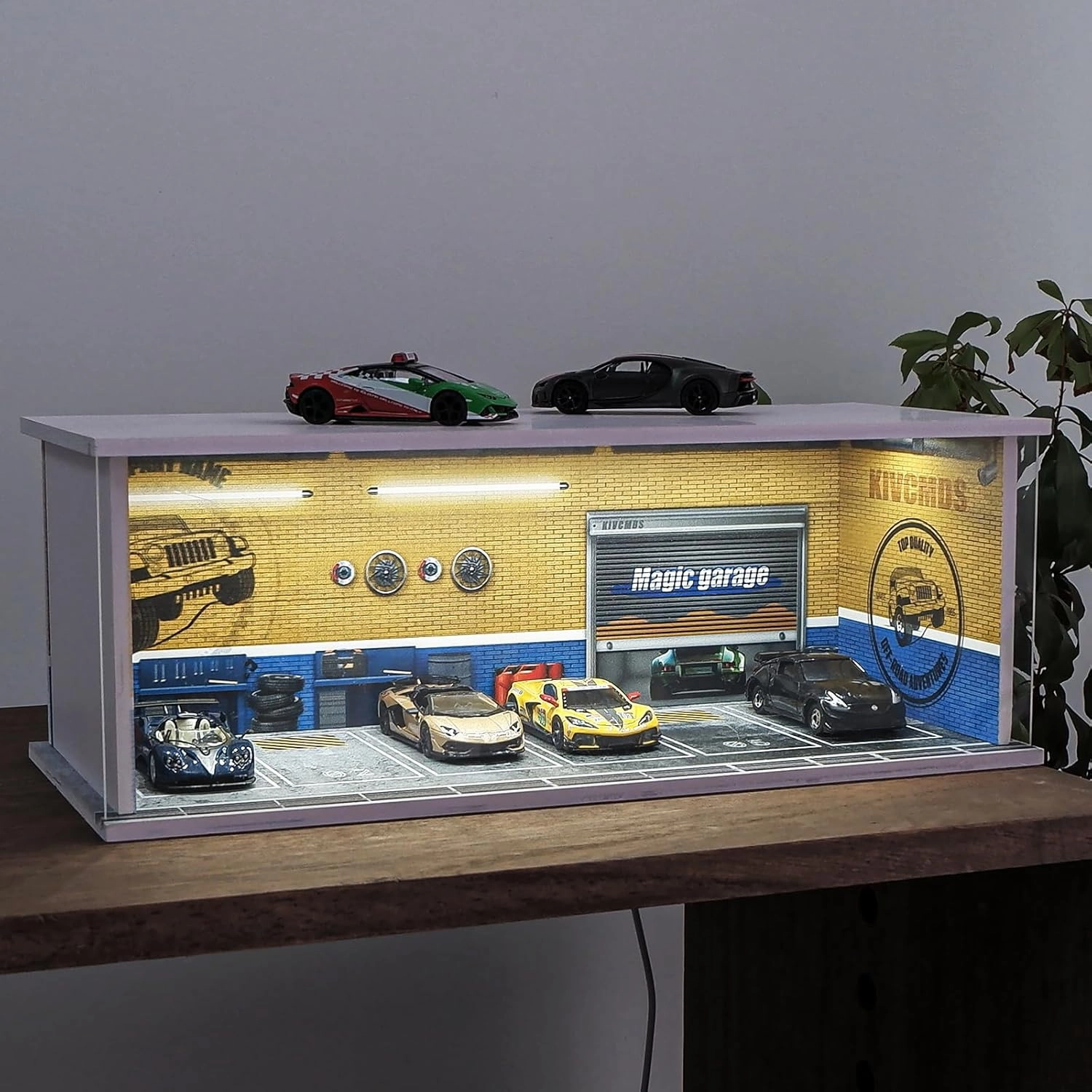 1:64 Scale Car Model Display Case for Hot Wheels,Matchbox Cars,Parking lot with Lights(Repair Store Scene Contains 6 Parking Spaces)