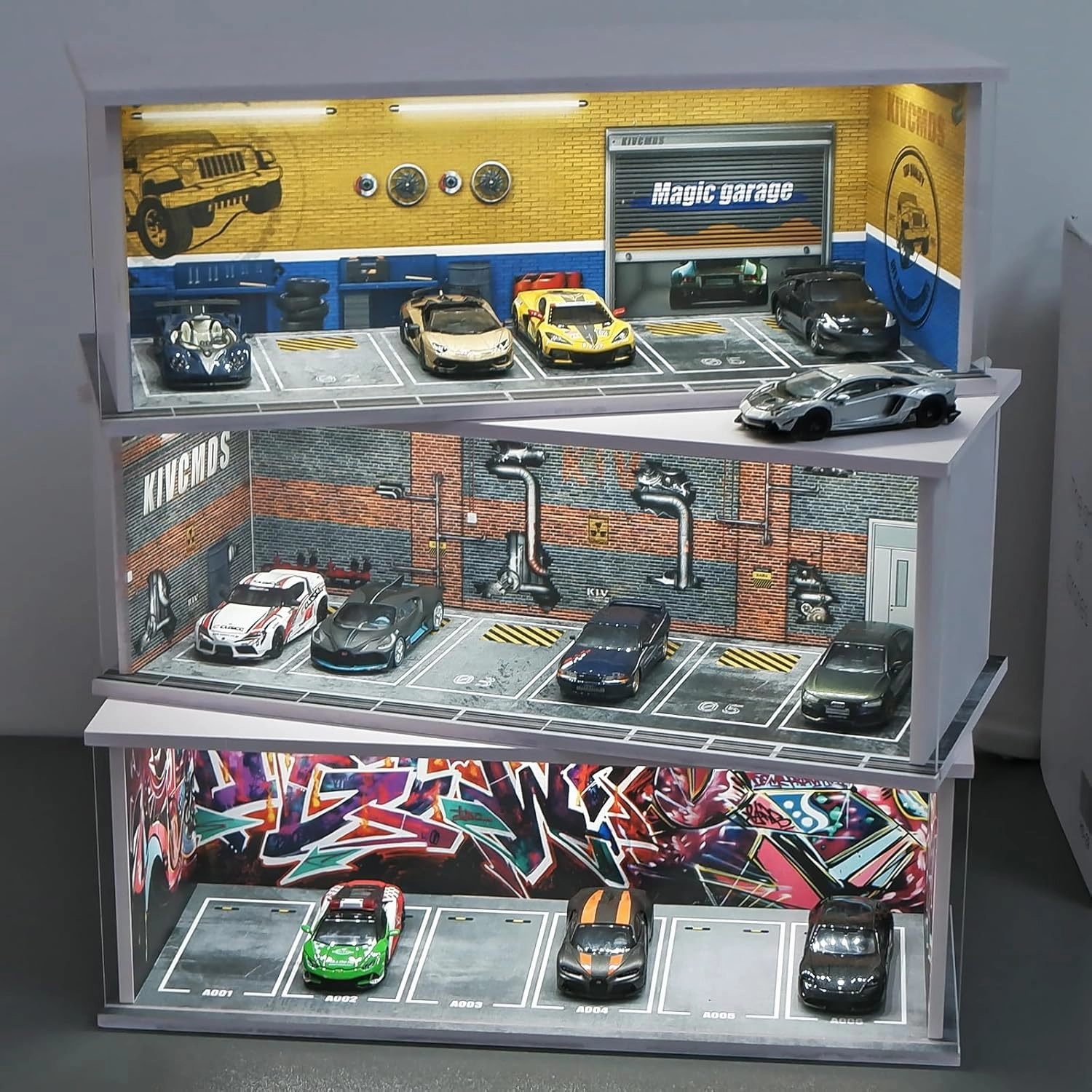 1:64 Scale Car Model Display Case for Hot Wheels,Matchbox Cars,Parking lot with Lights(Repair Store Scene Contains 6 Parking Spaces)