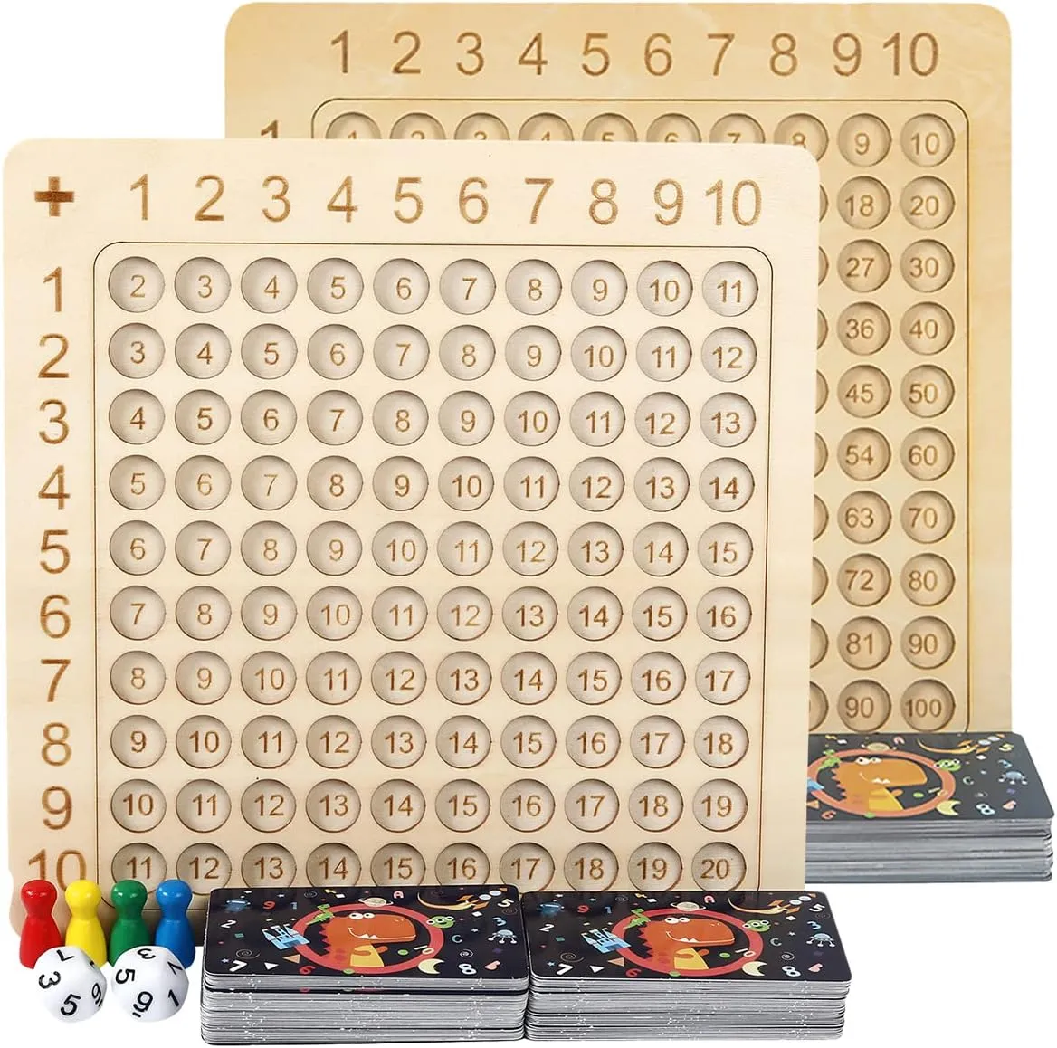 2 Pack Wooden Math Multiplication Board ＆ Addition Board, Montessori Hundred Board, Math Table Board Game, Creative Educational Preschool Learning Counting Toys for Toddlers Kids Over 3 Years Old