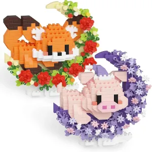 2 Packs Animals Micro Building Block - Fox & Pig, Cute Building Block Set Animals for Goodie Bags Stuffer, Fox & Pig & Rose on The Moon, Classroom Favor for Age Boy Girls