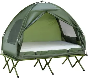 2-Person Camping Tent with Cot, Air Mattress & Pump - All-in-One Elevated Sleep System - Dark Green (76" x 57" x 70.75")