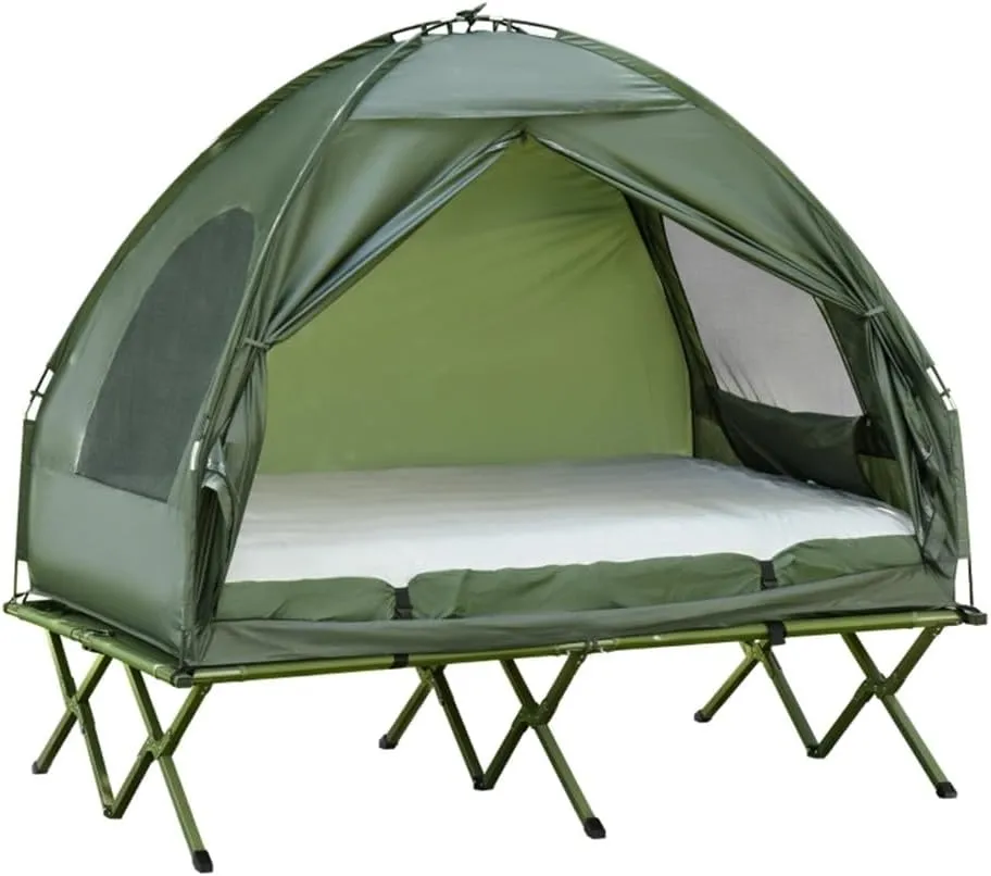 2-Person Camping Tent with Cot, Air Mattress & Pump - All-in-One Elevated Sleep System - Dark Green (76" x 57" x 70.75")
