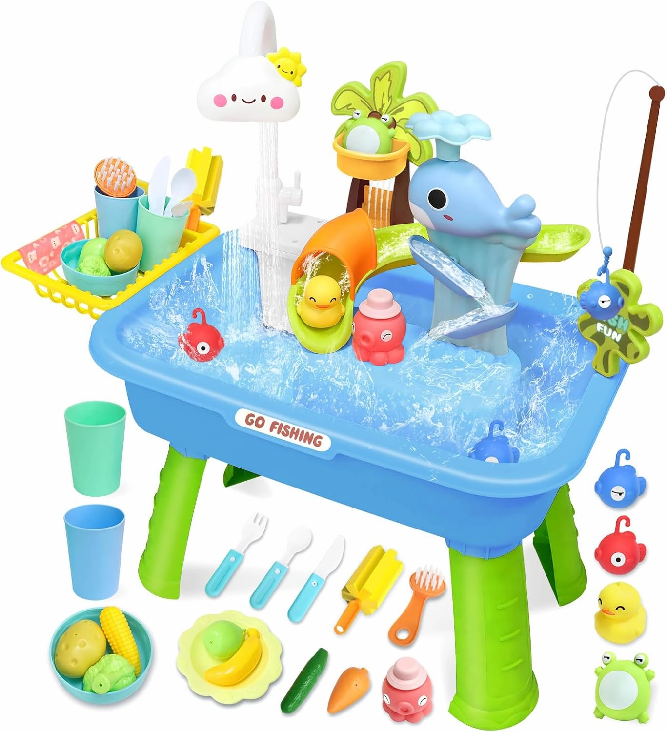 2025 Upgraded Water Table for Toddlers,Mini Play Sink with Detachable Legs, Fishing Game, Kids Kitchen Playset Sink Toy for Girl Boy 3 4 5 6 7 8(Blue)