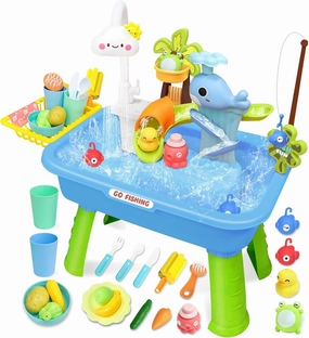 2025 Upgraded Water Table for Toddlers,Mini Play Sink with Detachable Legs, Fishing Game, Kids Kitchen Playset Sink Toy for Girl Boy 3 4 5 6 7 8(Blue)