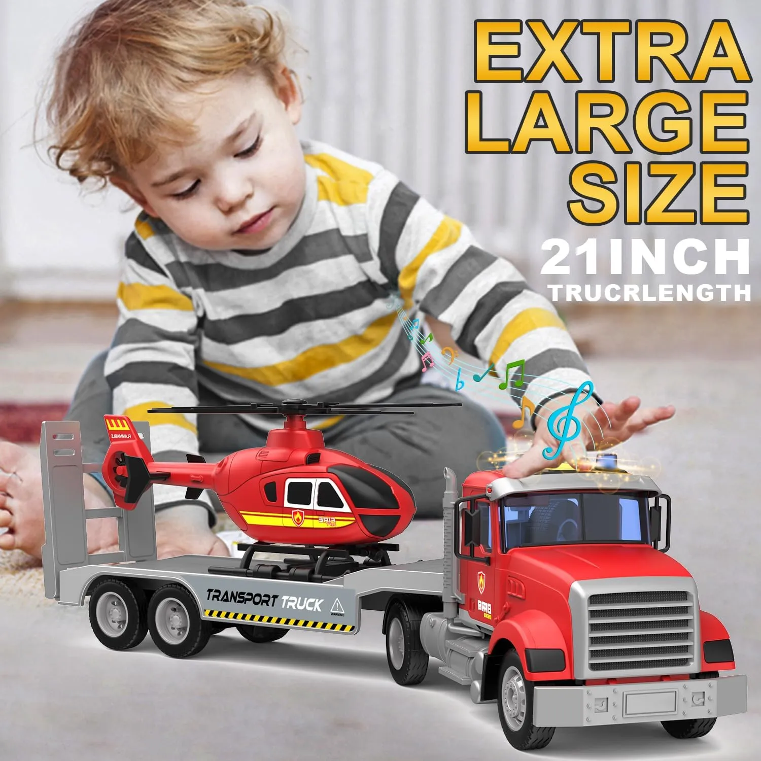 22" Semi Fire Truck Toy with Helicopter for Kids Toddlers - Fire Police Car Toys, Birthday for Boy Girl Child 3 4 5 6 7 Years Old