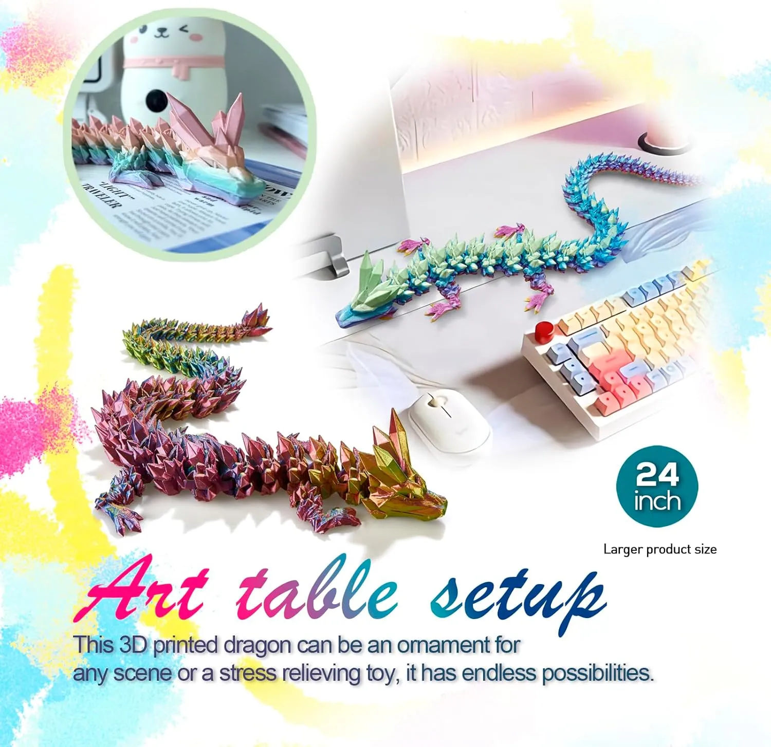 24 ”Large 3D Dragon,Flexible Articulated Dragon,Crystal Dragon Toy, 3D Printed Gift for Festival,Home Decoration Executive Desk Decorations