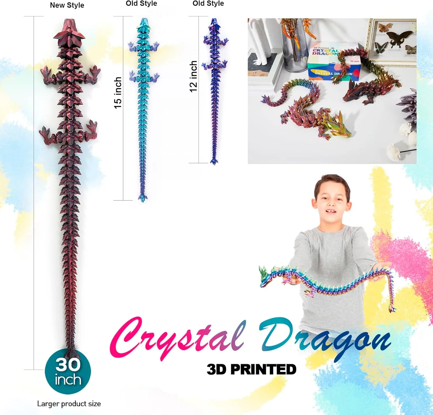 24 ”Large 3D Dragon,Flexible Articulated Dragon,Crystal Dragon Toy, 3D Printed Gift for Festival,Home Decoration Executive Desk Decorations