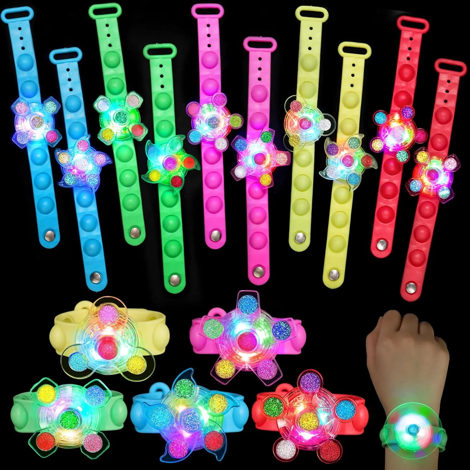 24 Pack Party Favors for Kids 4-8 8-12, Light Up Bracelets Goodie Bags Stuffers for Kids Girls Boys Treasure Box Toys Classroom Prizes Glow in the Dark Fidget Spinner Birthday Return Gifts