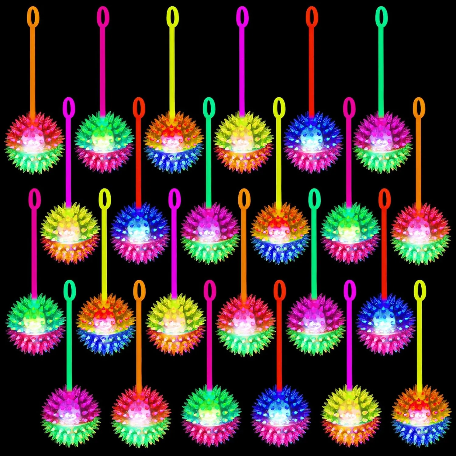 24 Pieces Light Up Bouncy Ball Light up Spike Rubber Ball Sensory Toy Flashing Spiky Sensory Stress Balls for Party Favors Student Gifts School Rewards(Corded)