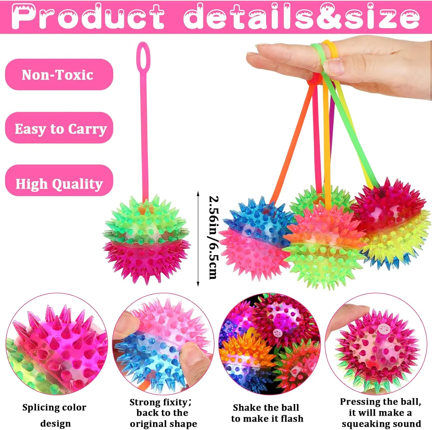 24 Pieces Light Up Bouncy Ball Light up Spike Rubber Ball Sensory Toy Flashing Spiky Sensory Stress Balls for Party Favors Student Gifts School Rewards(Corded)