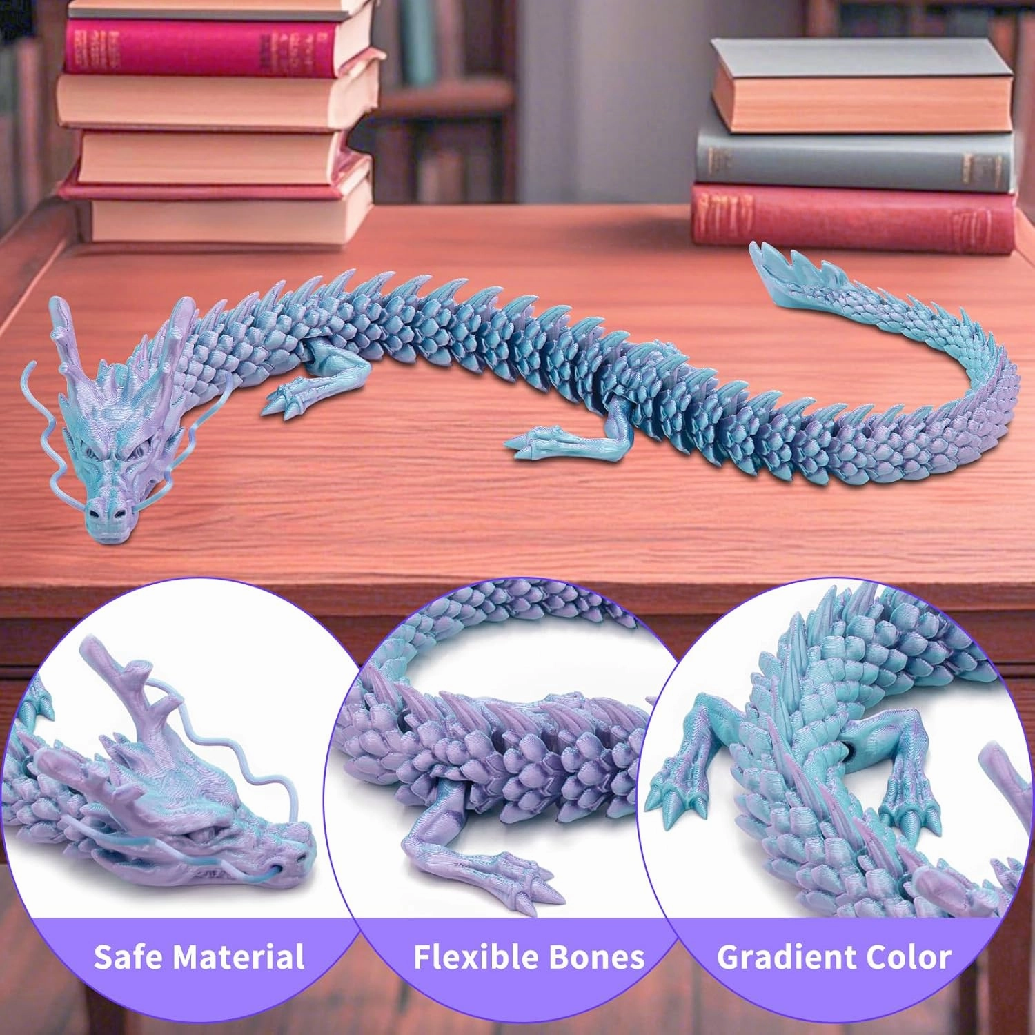 24 Inch 3D Printed Dragon – Flexible Articulated Dragon Toy for Adults, Unbreakable Crystal PLA Dragon for Stress Relief, ADHD/Autism Fidget Toy, Home & Office Decor