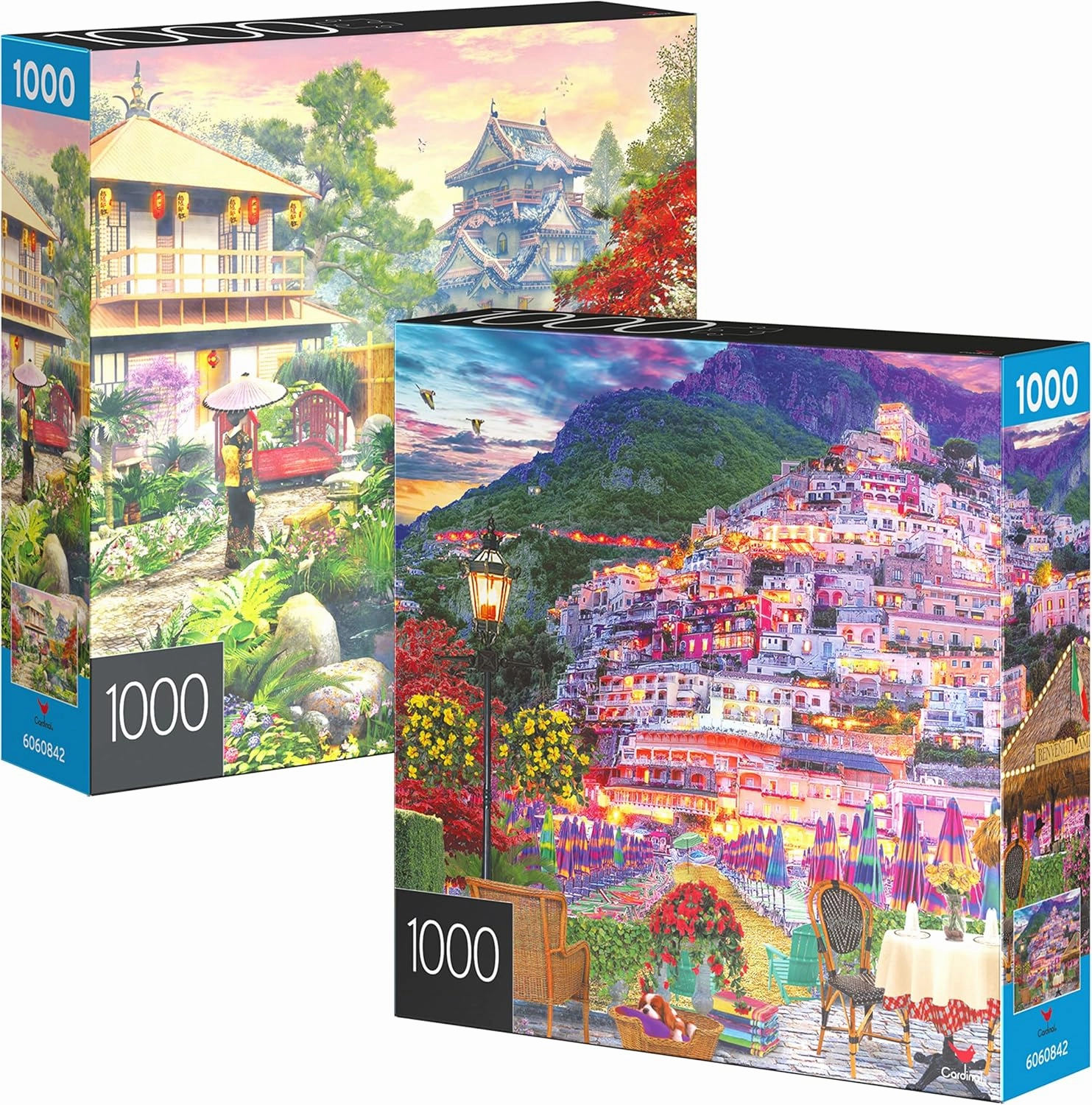 2-Pack of 1000-Piece Jigsaw Puzzles, Amalfi Coast & Japan Garden | Puzzles for Adults and Kids Ages 8 , Amazon Exclusive